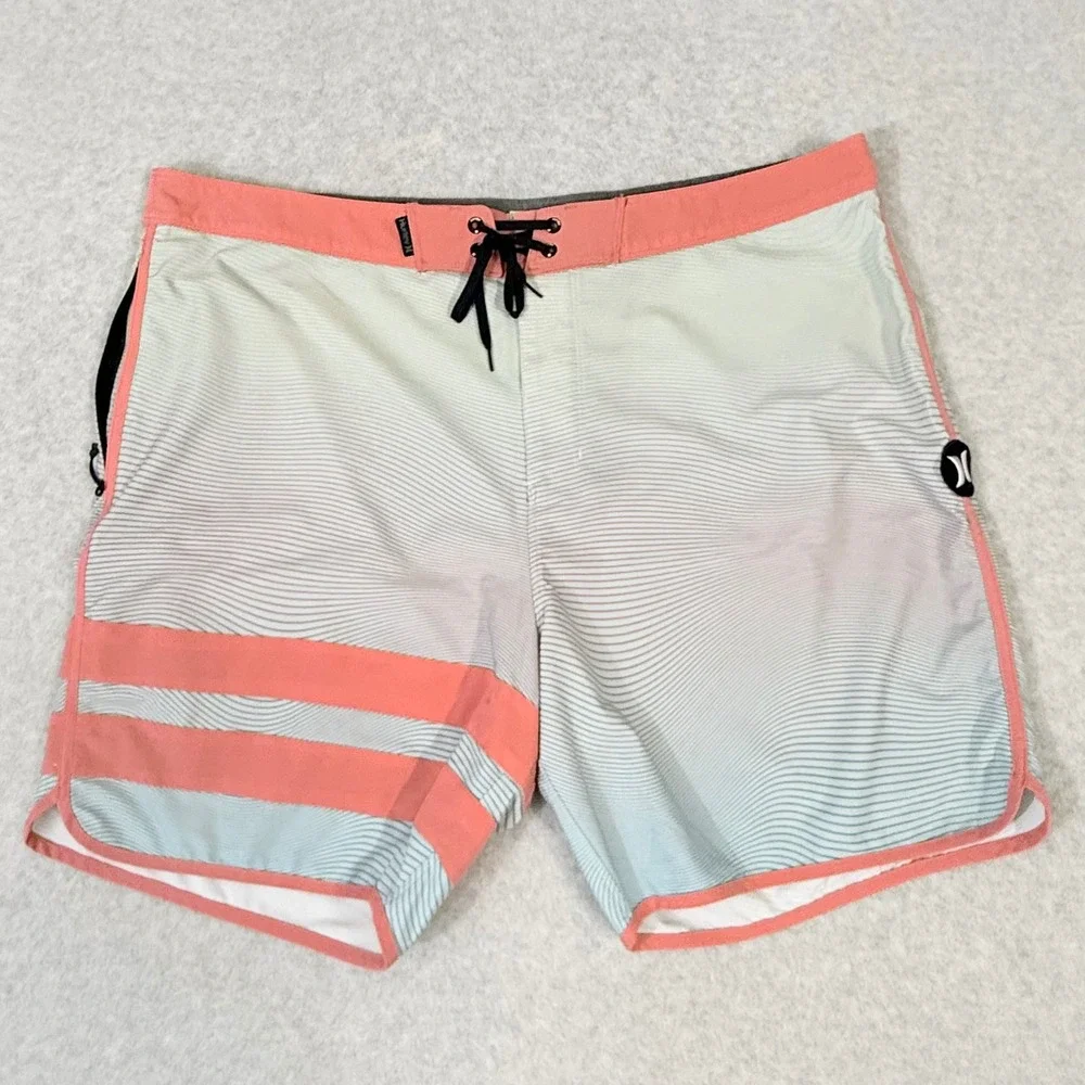 Hurley Phantom Mens Board Shorts Size 40 Coral Blue Wavy Stripe Swim Trunks